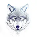 The image depicts a wolf standing confidently in front of a snarling, grotesque monster. The monster is covered in matte tattoo design idea