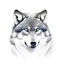 The image depicts a wolf standing confidently in front of a snarling, grotesque monster. The monster is covered in matte tattoo design idea