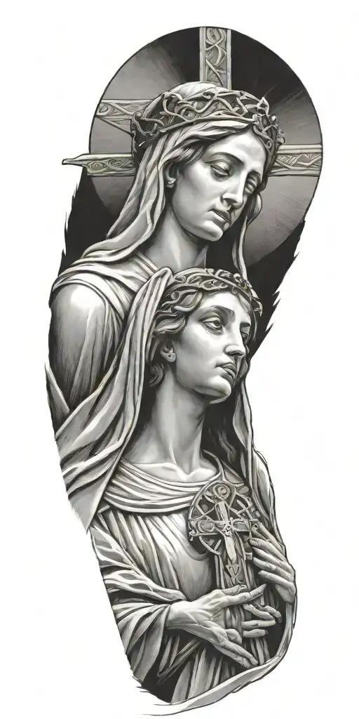 the Virgin Mary looking up at Jesus on the cross tattoo design idea
