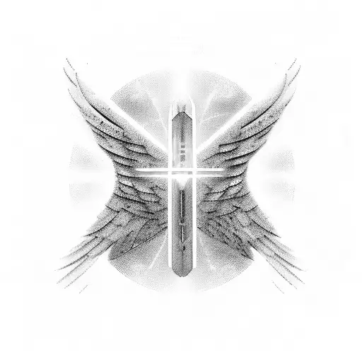 A futuristic depiction of Arch angel Michael holding a laser sword, with three crosses floating in a holographic cloud background. tattoo design idea