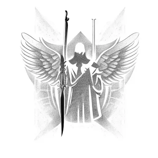 A minimalistic tattoo of Arch angel Michael's silhouette holding a sword, with three crosses forming a subtle pattern in the background. tattoo design idea