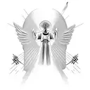 A futuristic depiction of Arch angel Michael holding a laser sword, with three crosses floating in a holographic cloud background. tattoo design idea