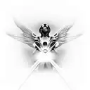 A futuristic depiction of Arch angel Michael holding a laser sword, with three crosses floating in a holographic cloud background. tattoo design idea