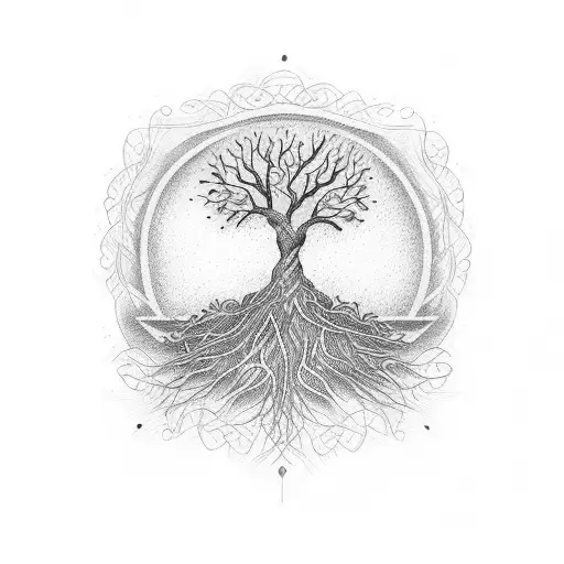 A dotwork tattoo of a life tree intertwined with guitar strings tattoo design idea