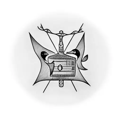 A blackwork tattoo of birds singing musical notes from a guitar-shaped birdhouse tattoo design idea