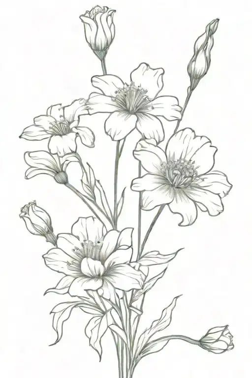 Bouquet of carnation, snowdrop, daisy, and sweet pea flowers tattoo design idea