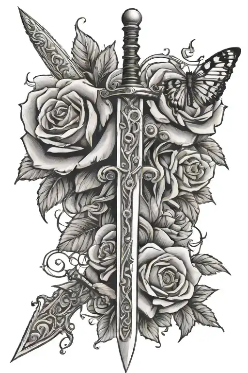sword with roses and a moth going vertical tattoo design idea