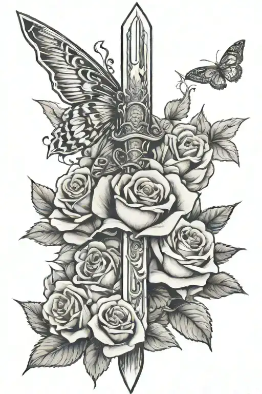sword with roses and a moth going vertical tattoo design idea