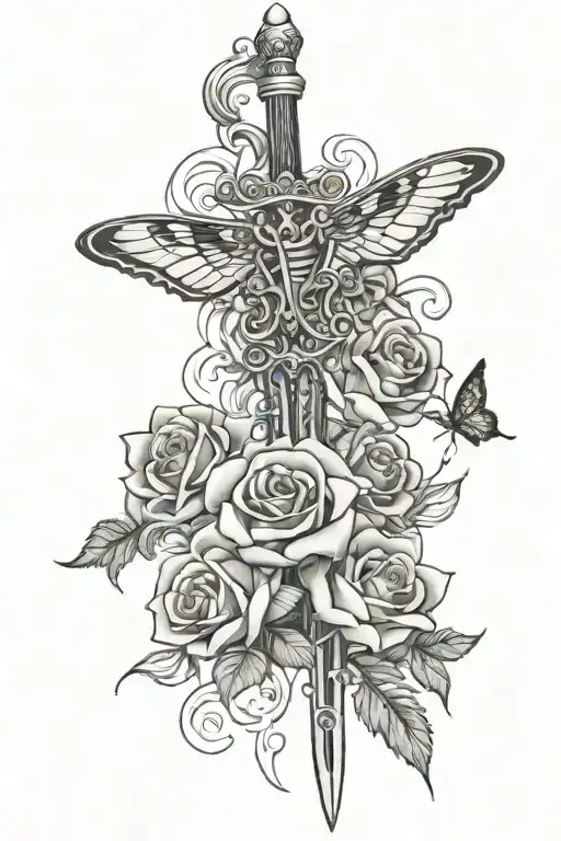 sword with roses and a moth going vertical tattoo design idea