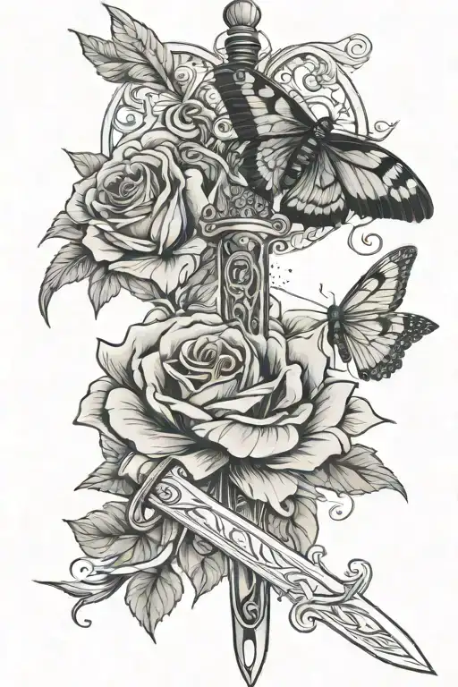 sword with roses and a moth emerging tattoo design idea