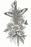 sword with roses and a moth going vertical tattoo design idea