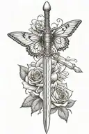 sword with roses and a moth going vertical tattoo design idea