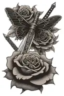 sword with roses and a moth tattoo design idea
