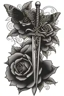 sword with roses and a moth tattoo design idea