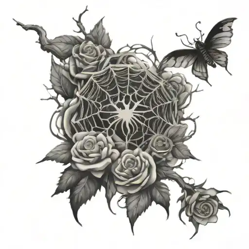 trees, roses, webs, spider tattoo design idea