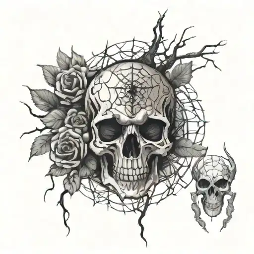 trees, roses, webs, spiders, skull tattoo design idea