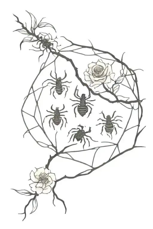 trees, roses, scorpion, webs entwined tattoo design idea