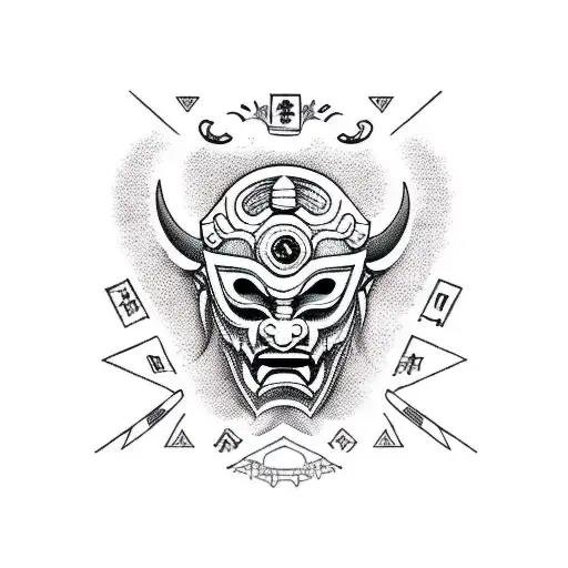 Mysterious oni mask surrounded by psychological symbols tattoo design idea