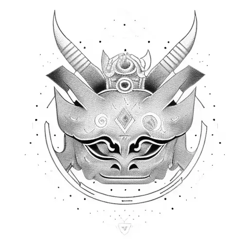 Mysterious oni mask surrounded by psychological symbols tattoo design idea