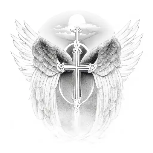 A cross with angel wings in a sketch style tattoo design idea