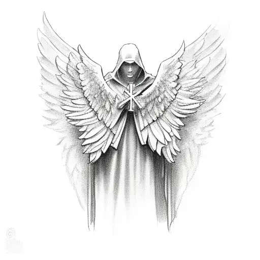 A cross with angel wings in a sketch style tattoo design idea