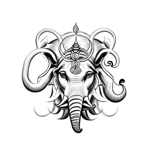 A blackwork tattoo of Shiva and Ganesha combined with animals and nature tattoo design idea
