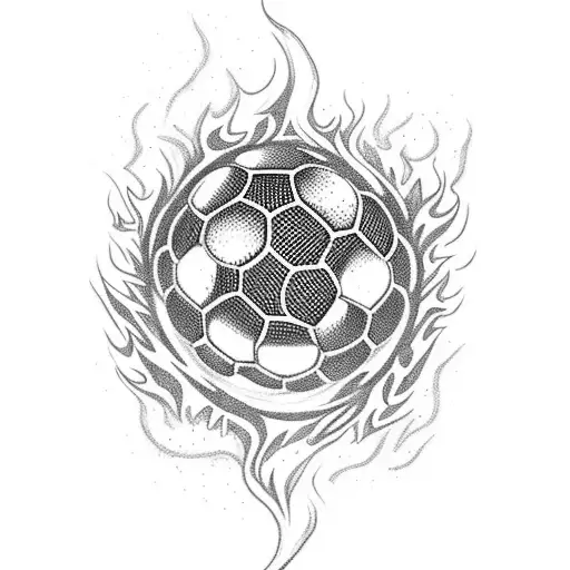 A dotwork tattoo of a soccer ball bursting into flames, symbolizing the fire and intensity of futebol tattoo design idea
