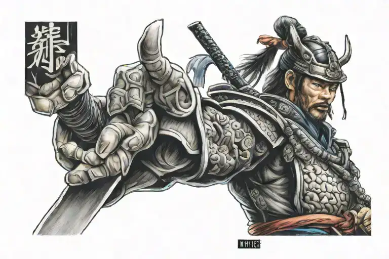Samurai with his hands together as a sign of respect after defeating his opponents tattoo design idea