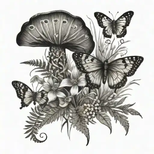 flowers fern leaf butterfly  small mushroom tattoo design idea