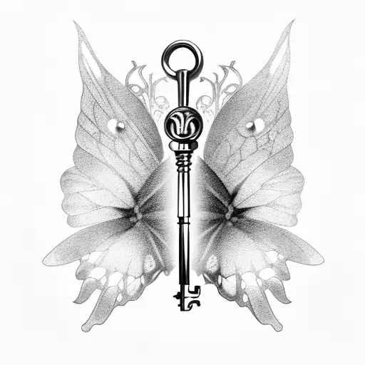 skeleton key with butterfly wings tattoo design idea
