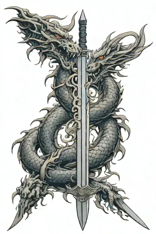 dragon shin tattoo with vertical sword embedded tattoo design idea
