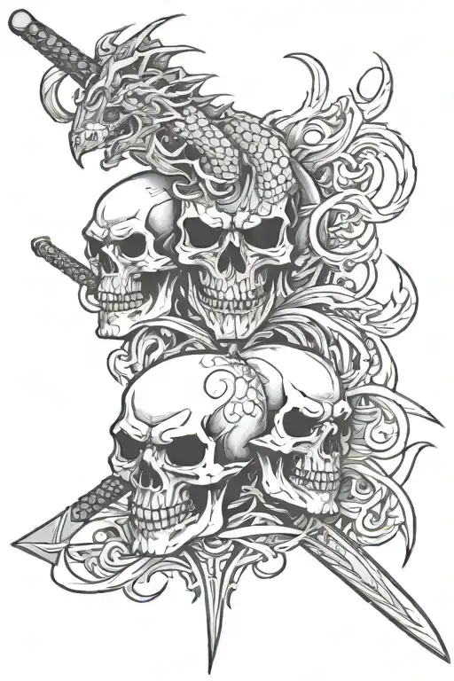 japanese skulls with sword and  dragon tattoo design idea