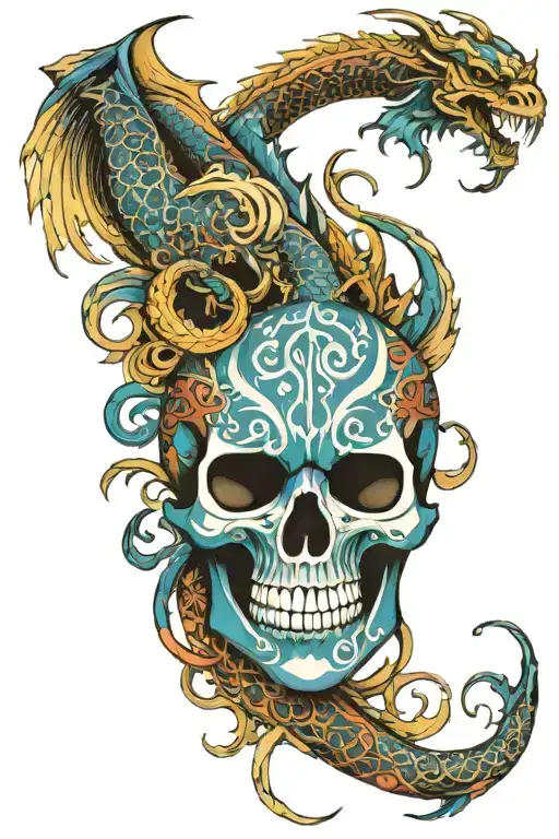 tribal color skull with dragon wrapped tattoo design idea
