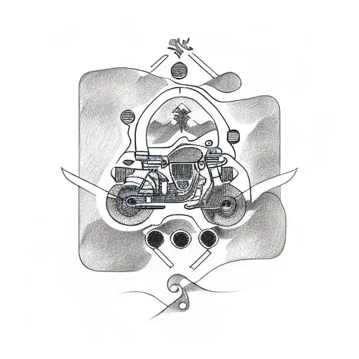 A sketch-style tattoo of a motorcycle on a road trip, passing through different landscapes with music notes floating in the air tattoo design idea