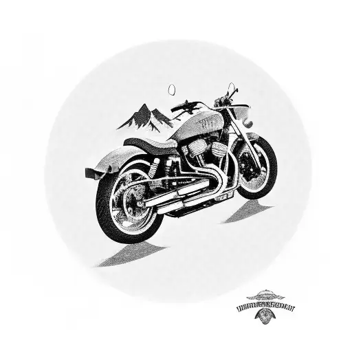 A black-grey tattoo depicting a motorcycle parked in front of a majestic mountain range during a road trip tattoo design idea