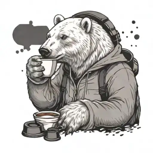 A polar bear enjoying a cup of coffee while listening to music on headphones tattoo design idea