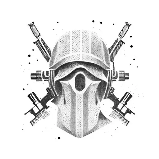 guns,clocks, ski mask, roman numbers, sleeve tatto tattoo design idea