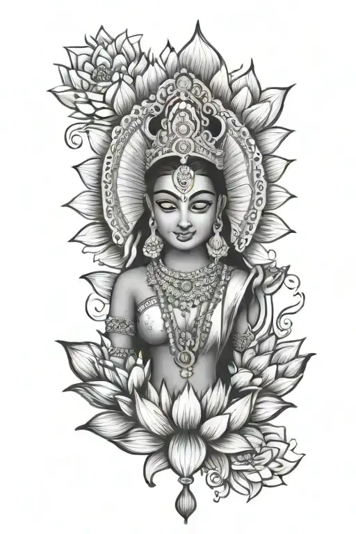 lakshmi ji lotus and smile wide composition tattoo design idea