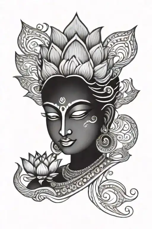 lakshmi ji lotus and delightful sketch illustration tattoo design idea
