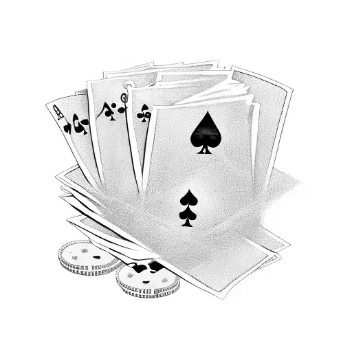 A stack of cash with playing cards and dice intertwined, symbolizing the thrill of gambling and making money tattoo design idea