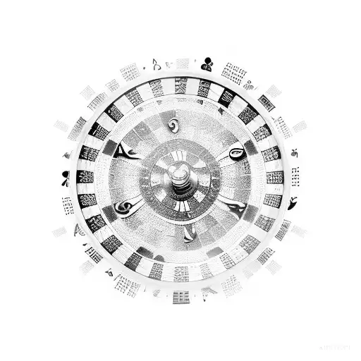 An abstract design of a roulette wheel surrounded by dollar signs and music symbols, capturing the excitement of gambling and making money tattoo design idea