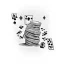 A stack of cash with playing cards and dice intertwined, symbolizing the thrill of gambling and making money tattoo design idea