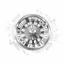 An abstract design of a roulette wheel surrounded by dollar signs and music symbols, capturing the excitement of gambling and making money tattoo design idea