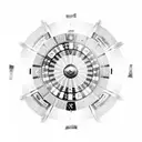 An abstract design of a roulette wheel surrounded by dollar signs and music symbols, capturing the excitement of gambling and making money tattoo design idea