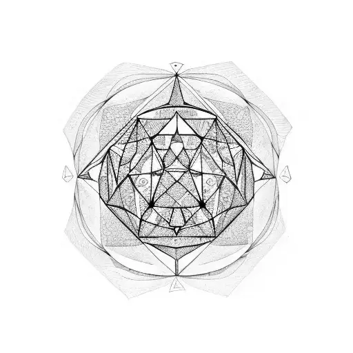 A geometric heptagon with an eye at its center, surrounded by dopamine molecules tattoo design idea