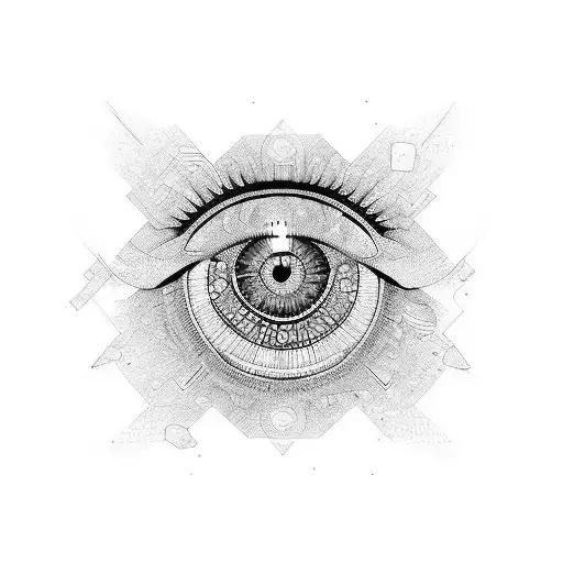 An eye with dopamine molecules forming intricate geometric patterns around it tattoo design idea