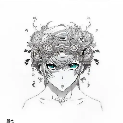 Combine your love for anime and beautiful women in a tattoo featuring a captivating female character surrounded by intricate Japanese-inspired patterns. tattoo design idea