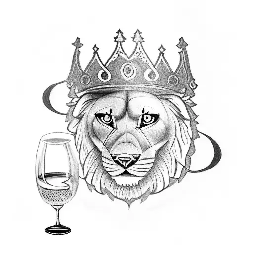 tattoo in black ink featuring stacked images: ‘uno.20’, a princess crown, a wine glass, a roaring lion’s profile,3 arrow tattoo design idea