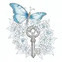 a fairy key with a blue butterfly over it and around the japanese death flowers tattoo design idea