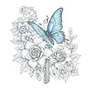 a fairy key with a blue butterfly over it and around the japanese death flowers tattoo design idea